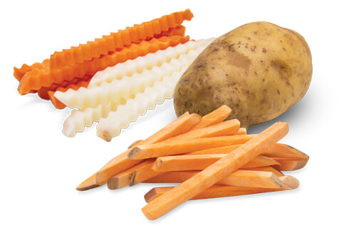 Assortment of whole potato strip cuts into French fries and crinkle cut fries